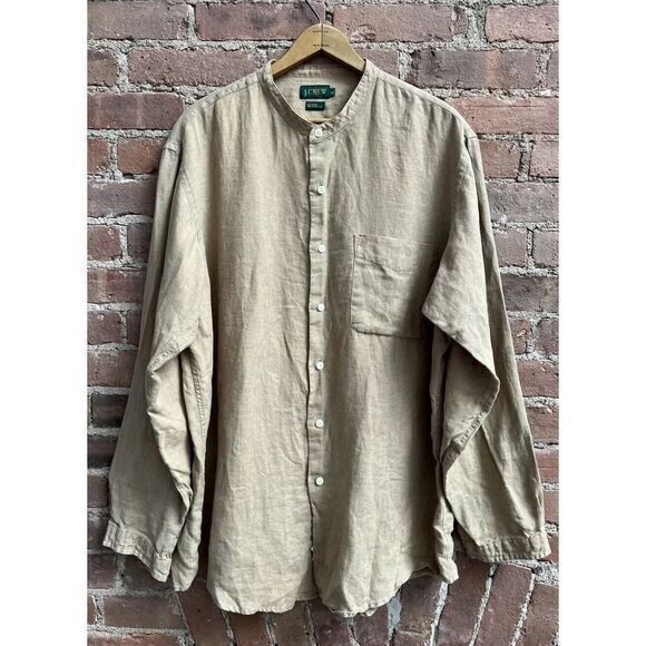 Vintage J.Crew Men's Band Collar Shirt Beige Deep Khaki 100% Linen 90's Oversize